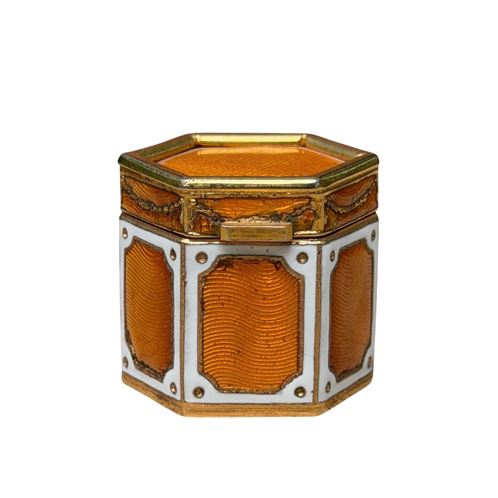 Vintage Italian Guilloche Enamel Hexagonal Pill Box Mid Century Orange Gold